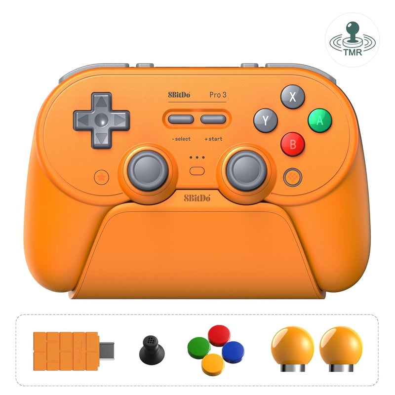 AKNES 8BitDo Pro 3 Bluetooth Controller for Switch/Switch 2,TMR Joysticks,Programmable Pro Back Buttons&R4/L4 Bumpers,Hall/Tactile Triggers,Swappable ABXY Buttons,for Windows,Apple,SteamOS,Android - Orange - Image 1